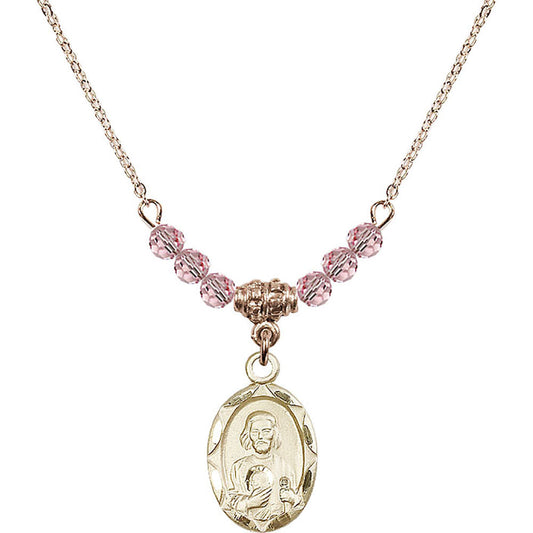 14kt Gold Filled Saint Jude Birthstone Necklace with Light Rose Beads - 0612