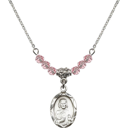 Sterling Silver Saint Jude Birthstone Necklace with Light Rose Beads - 0612