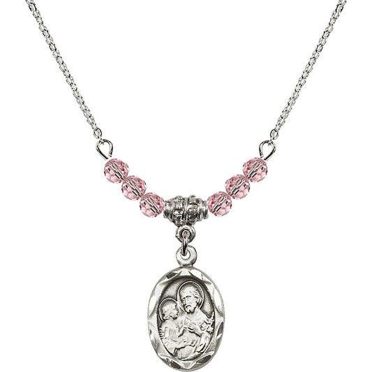 Sterling Silver Saint Joseph Birthstone Necklace with Light Rose Beads - 0612
