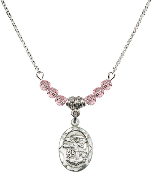 Sterling Silver Saint Michael the Archangel Birthstone Necklace with Light Rose Beads - 0612