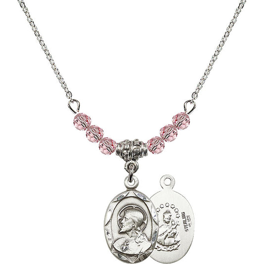 Sterling Silver Scapular Birthstone Necklace with Light Rose Beads - 0612
