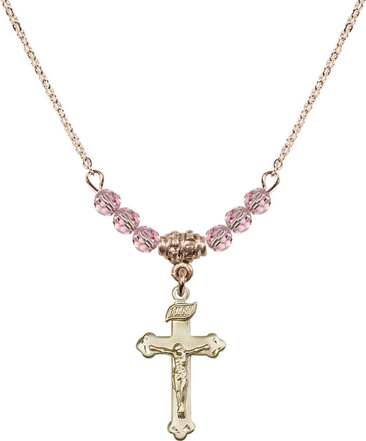 14kt Gold Filled Crucifix Birthstone Necklace with Light Rose Beads - 0669
