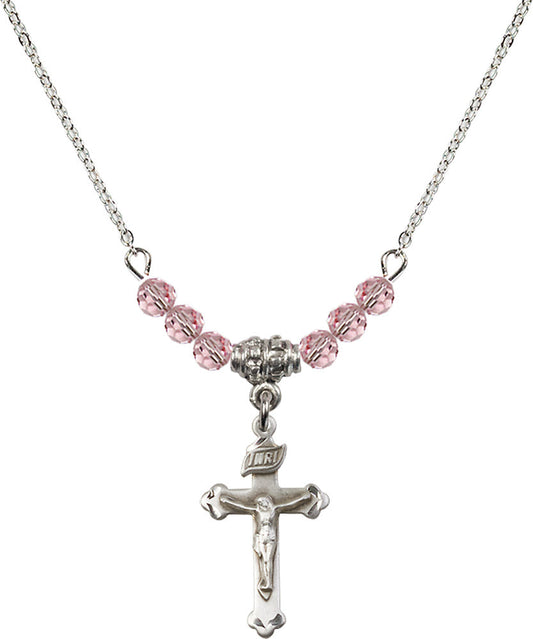 Sterling Silver Crucifix Birthstone Necklace with Light Rose Beads - 0669