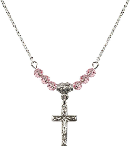 Sterling Silver Crucifix Birthstone Necklace with Light Rose Beads - 0672