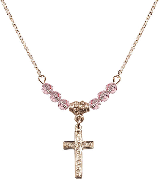 14kt Gold Filled Cross Birthstone Necklace with Light Rose Beads - 0672