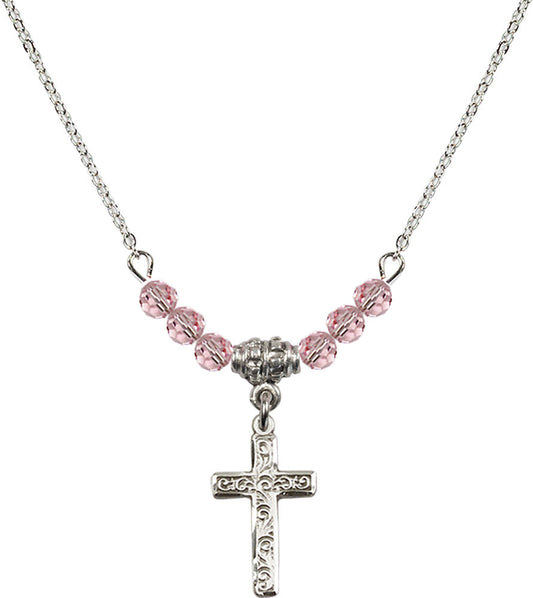 Sterling Silver Cross Birthstone Necklace with Light Rose Beads - 0672