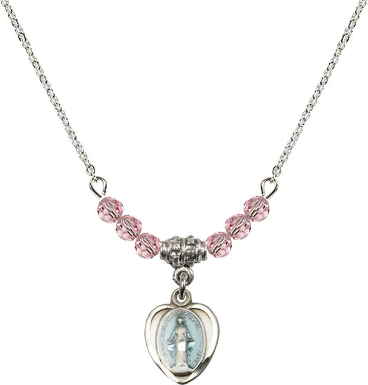 Sterling Silver Miraculous Birthstone Necklace with Light Rose Beads - 0706