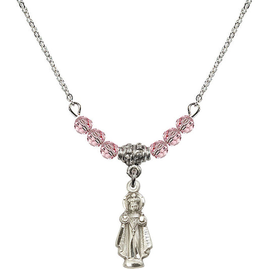 Sterling Silver Infant of Prague Birthstone Necklace with Light Rose Beads - 0823