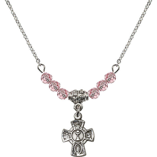 Sterling Silver 5-Way / Chalice Birthstone Necklace with Light Rose Beads - 0845