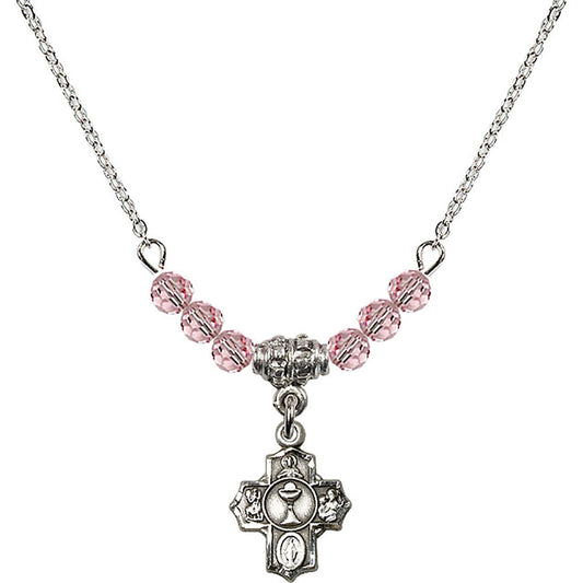Sterling Silver Communion 5-Way Birthstone Necklace with Light Rose Beads - 0890
