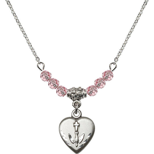 Sterling Silver Heart / Confirmation Birthstone Necklace with Light Rose Beads - 0891