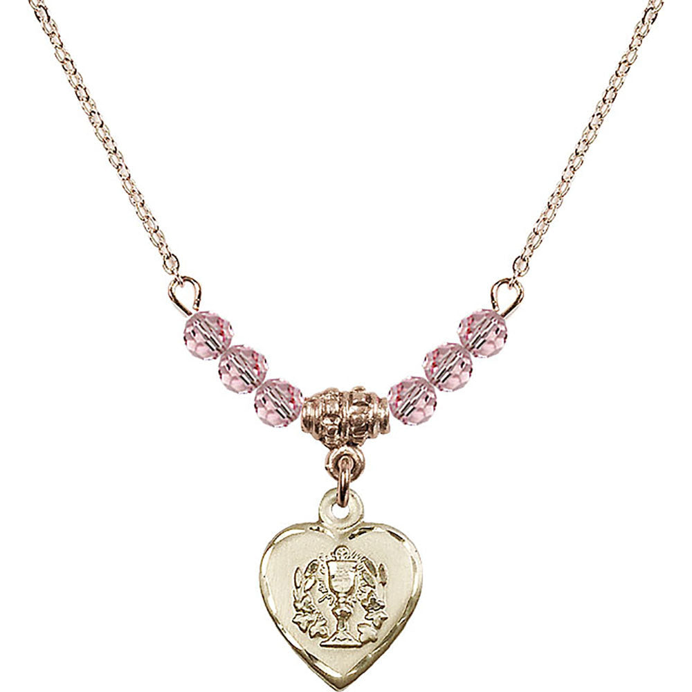 14kt Gold Filled Heart / Communion Birthstone Necklace with Light Rose Beads - 0892