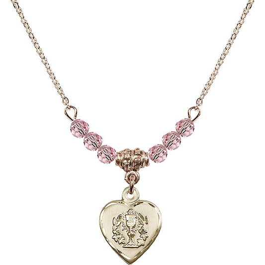 14kt Gold Filled Heart / Communion Birthstone Necklace with Light Rose Beads - 0892