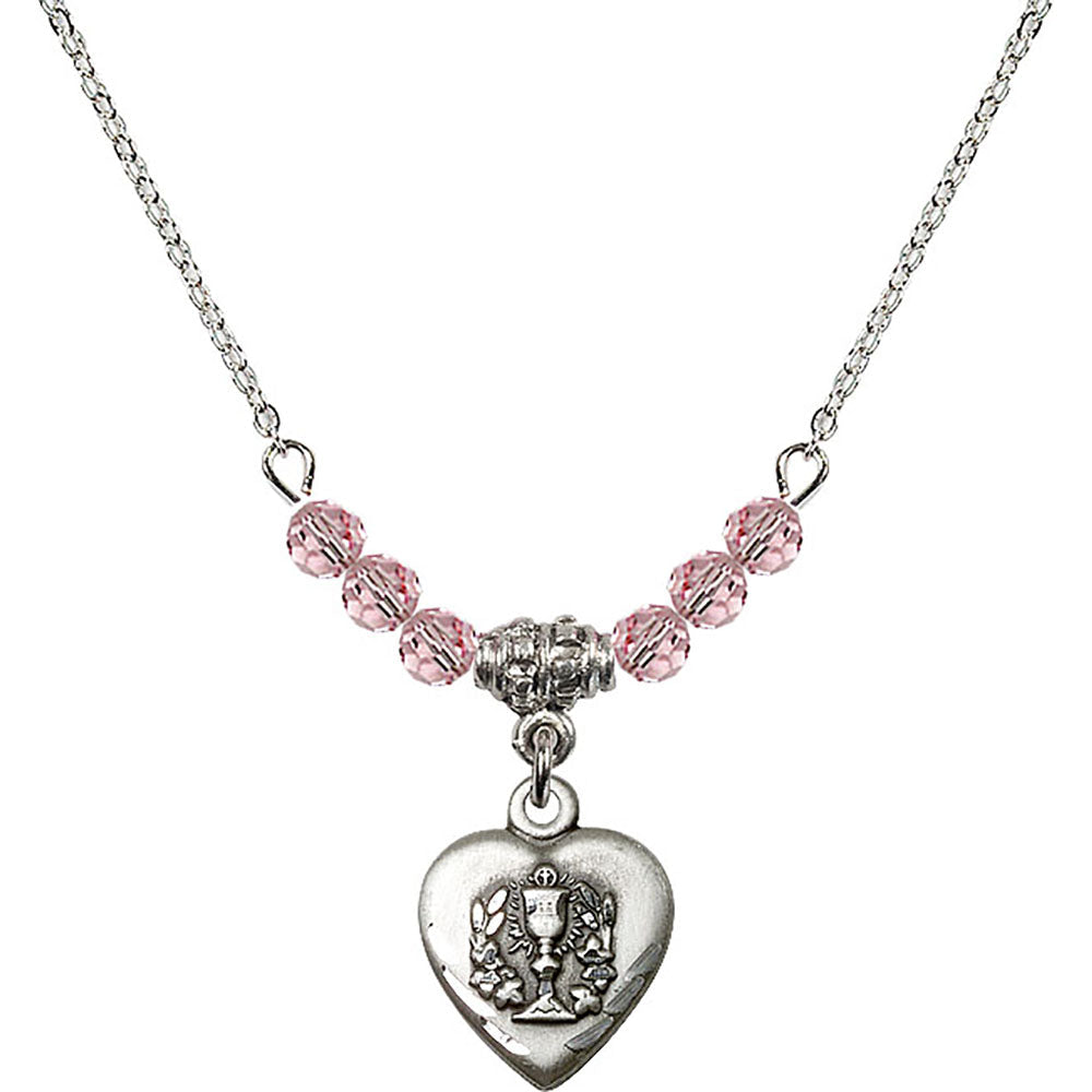 Sterling Silver Heart / Communion Birthstone Necklace with Light Rose Beads - 0892