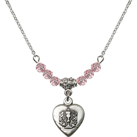 Sterling Silver Heart / Communion Birthstone Necklace with Light Rose Beads - 0892