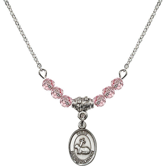 Sterling Silver First Reconciliation Birthstone Necklace with Light Rose Beads - 0968
