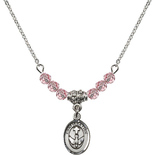 Sterling Silver Confirmation Birthstone Necklace with Light Rose Beads - 0973