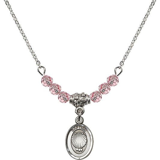 Sterling Silver Baptism Birthstone Necklace with Light Rose Beads - 0974