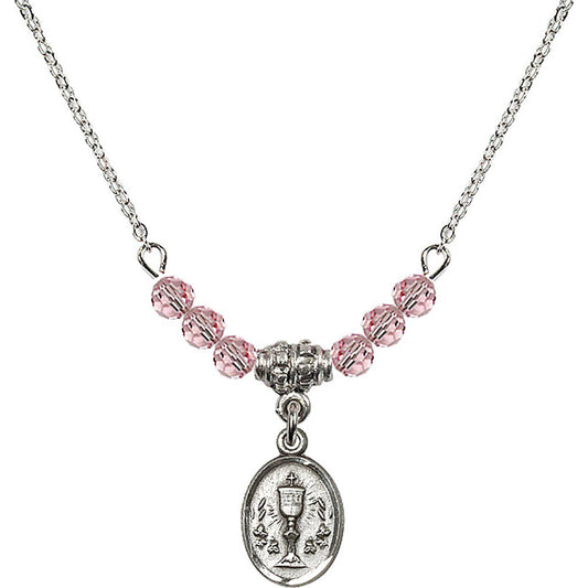 Sterling Silver Chalice Birthstone Necklace with Light Rose Beads - 0975