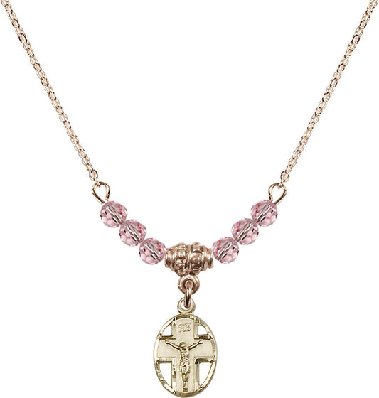 14kt Gold Filled Crucifix Birthstone Necklace with Light Rose Beads - 0978
