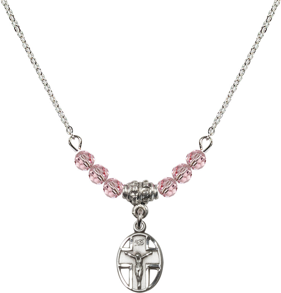 Sterling Silver Crucifix Birthstone Necklace with Light Rose Beads - 0978
