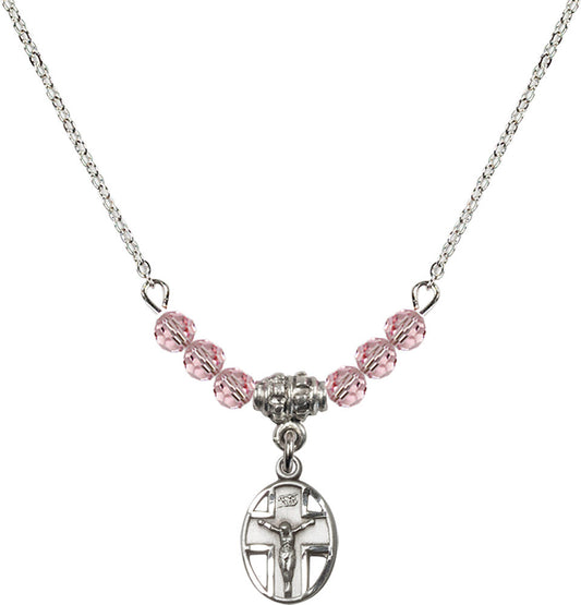 Sterling Silver Crucifix Birthstone Necklace with Light Rose Beads - 0978