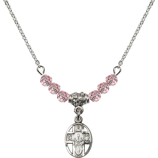 Sterling Silver 5-Way / Chalice Birthstone Necklace with Light Rose Beads - 0979