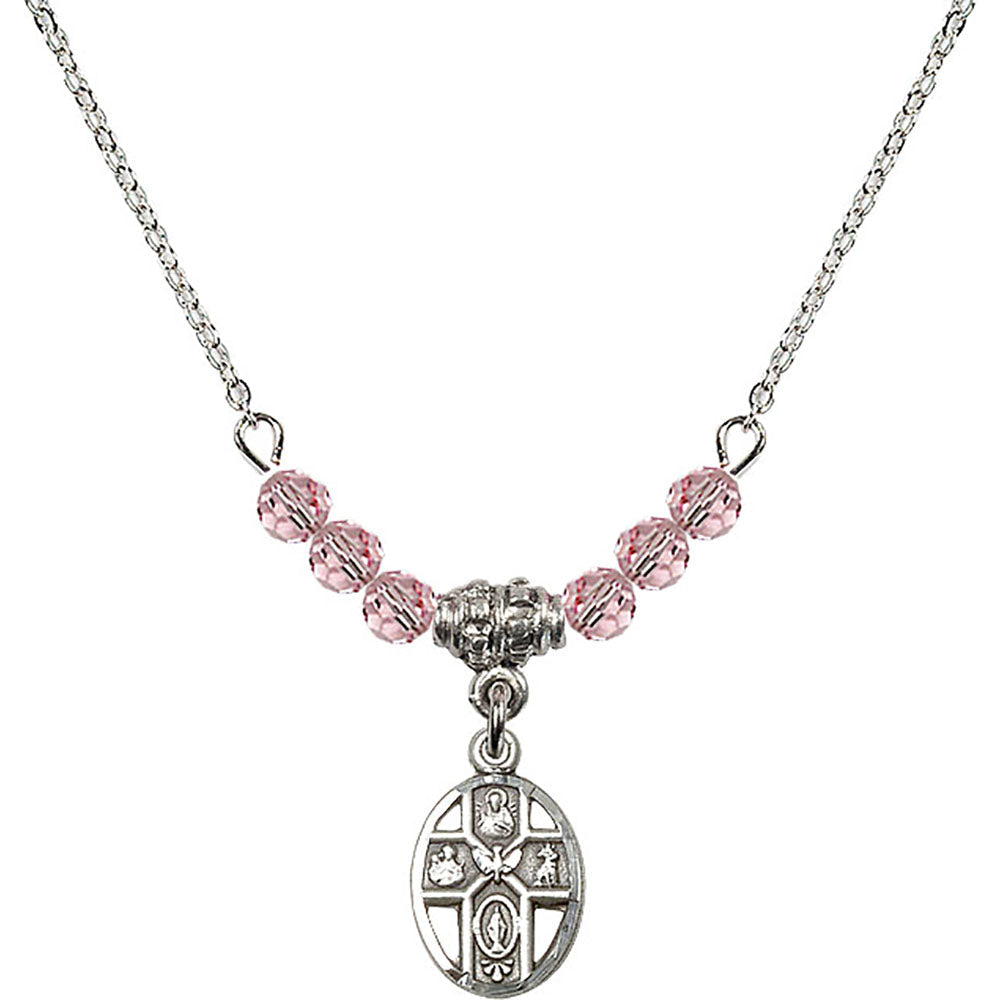 Sterling Silver 5-Way Birthstone Necklace with Light Rose Beads - 0980