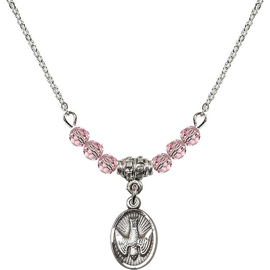 Sterling Silver Holy Spirit Birthstone Necklace with Light Rose Beads - 0982