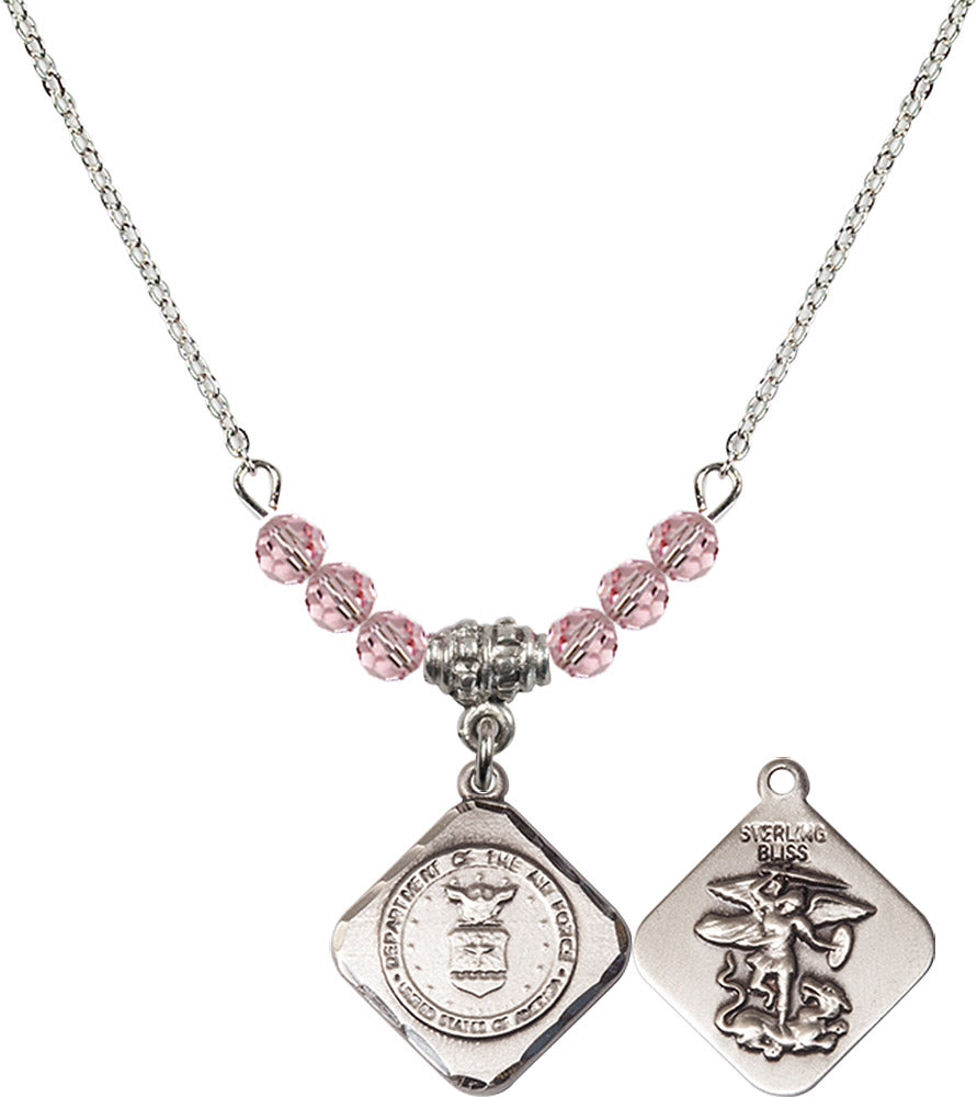 Sterling Silver Air Force Diamond Birthstone Necklace with Light Rose Beads - 1180