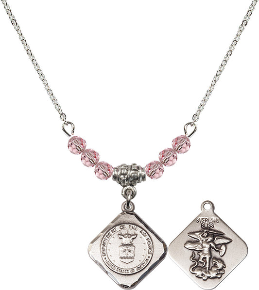 Sterling Silver Air Force Diamond Birthstone Necklace with Light Rose Beads - 1180