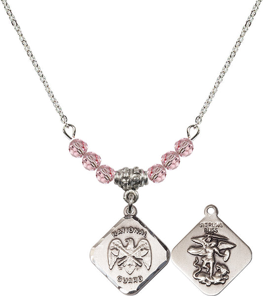 Sterling Silver Nat'l Guard Diamond Birthstone Necklace with Light Rose Beads - 1180