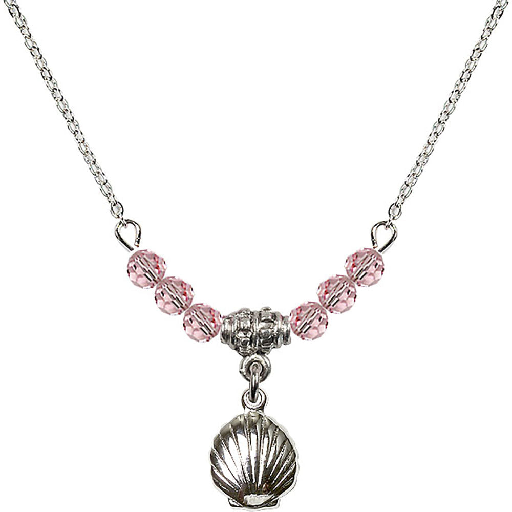 Sterling Silver Shell Birthstone Necklace with Light Rose Beads - 1260