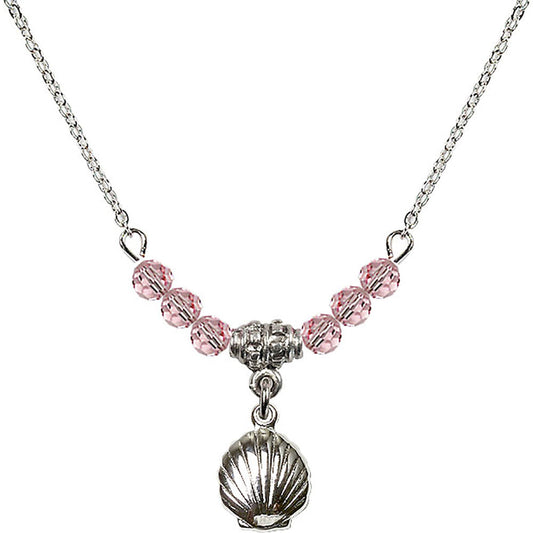 Sterling Silver Shell Birthstone Necklace with Light Rose Beads - 1260