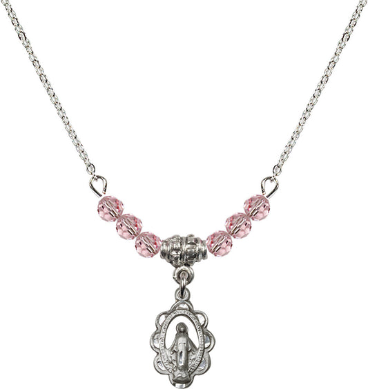 Sterling Silver Miraculous Birthstone Necklace with Light Rose Beads - 1610