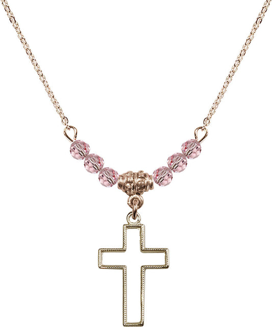 14kt Gold Filled Cross Birthstone Necklace with Light Rose Beads - 1708