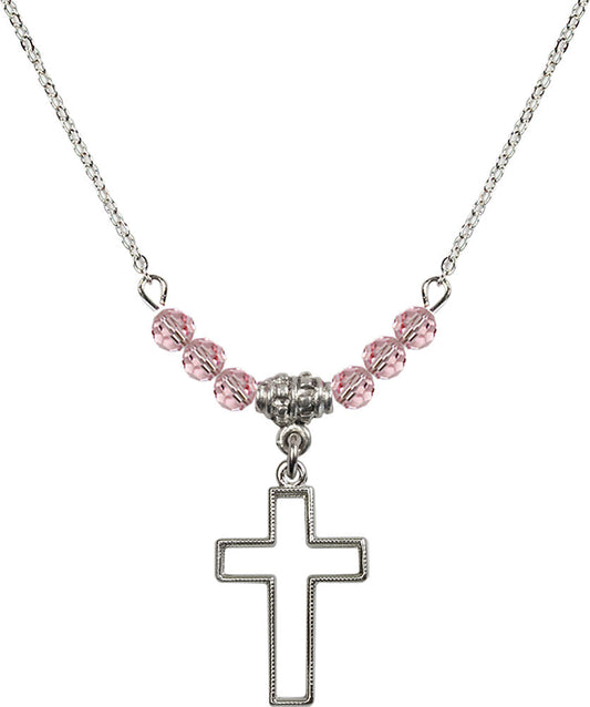 Sterling Silver Cross Birthstone Necklace with Light Rose Beads - 1708