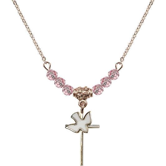 14kt Gold Filled Cross / Holy Spirit Birthstone Necklace with Light Rose Beads - 1812