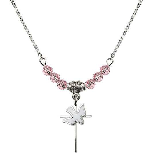 Sterling Silver Cross / Holy Spirit Birthstone Necklace with Light Rose Beads - 1812