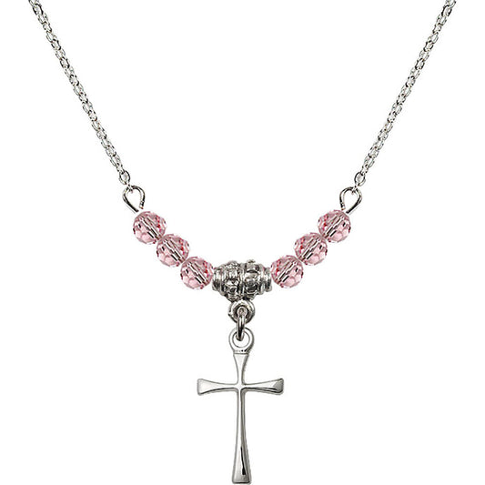 Sterling Silver Maltese Cross Birthstone Necklace with Light Rose Beads - 1872