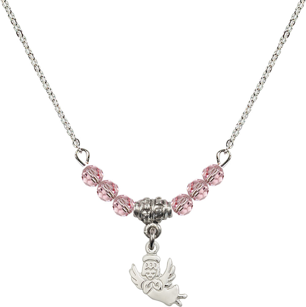 Sterling Silver Guardian Angel Birthstone Necklace with Light Rose Beads - 2128