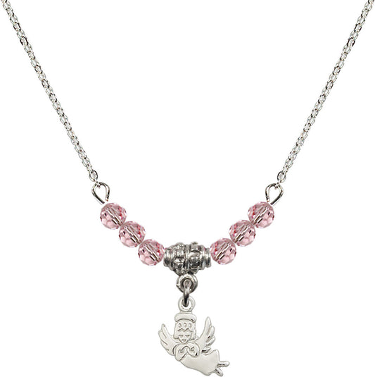 Sterling Silver Guardian Angel Birthstone Necklace with Light Rose Beads - 2128