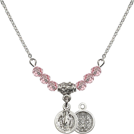 Sterling Silver Saint Benedict Birthstone Necklace with Light Rose Beads - 2341
