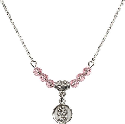 Sterling Silver Saint Christopher Birthstone Necklace with Light Rose Beads - 2343