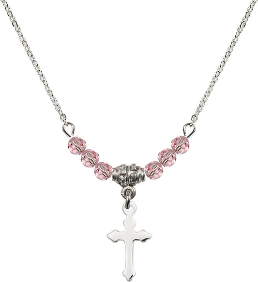 Sterling Silver Cross Birthstone Necklace with Light Rose Beads - 2528