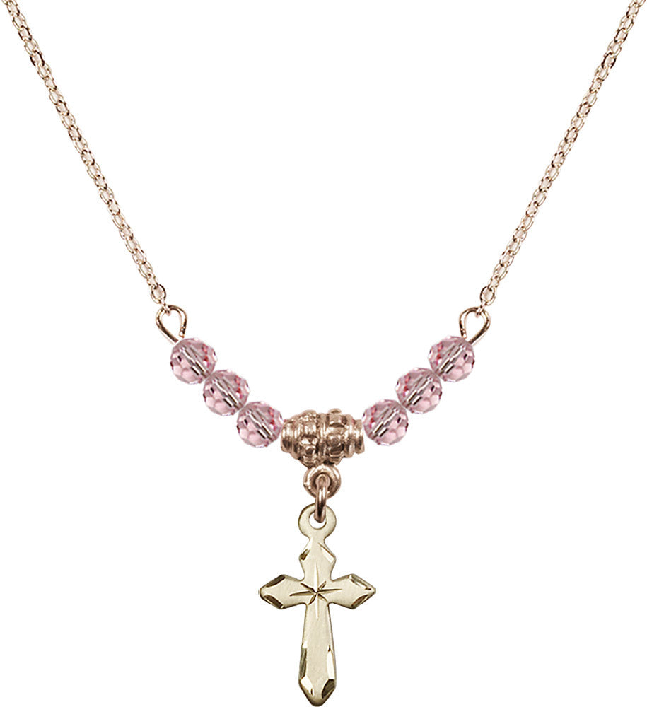 14kt Gold Filled Cross Birthstone Necklace with Light Rose Beads - 2529
