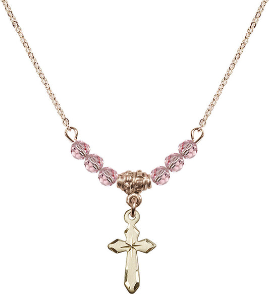 14kt Gold Filled Cross Birthstone Necklace with Light Rose Beads - 2529