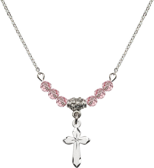 Sterling Silver Cross Birthstone Necklace with Light Rose Beads - 2529
