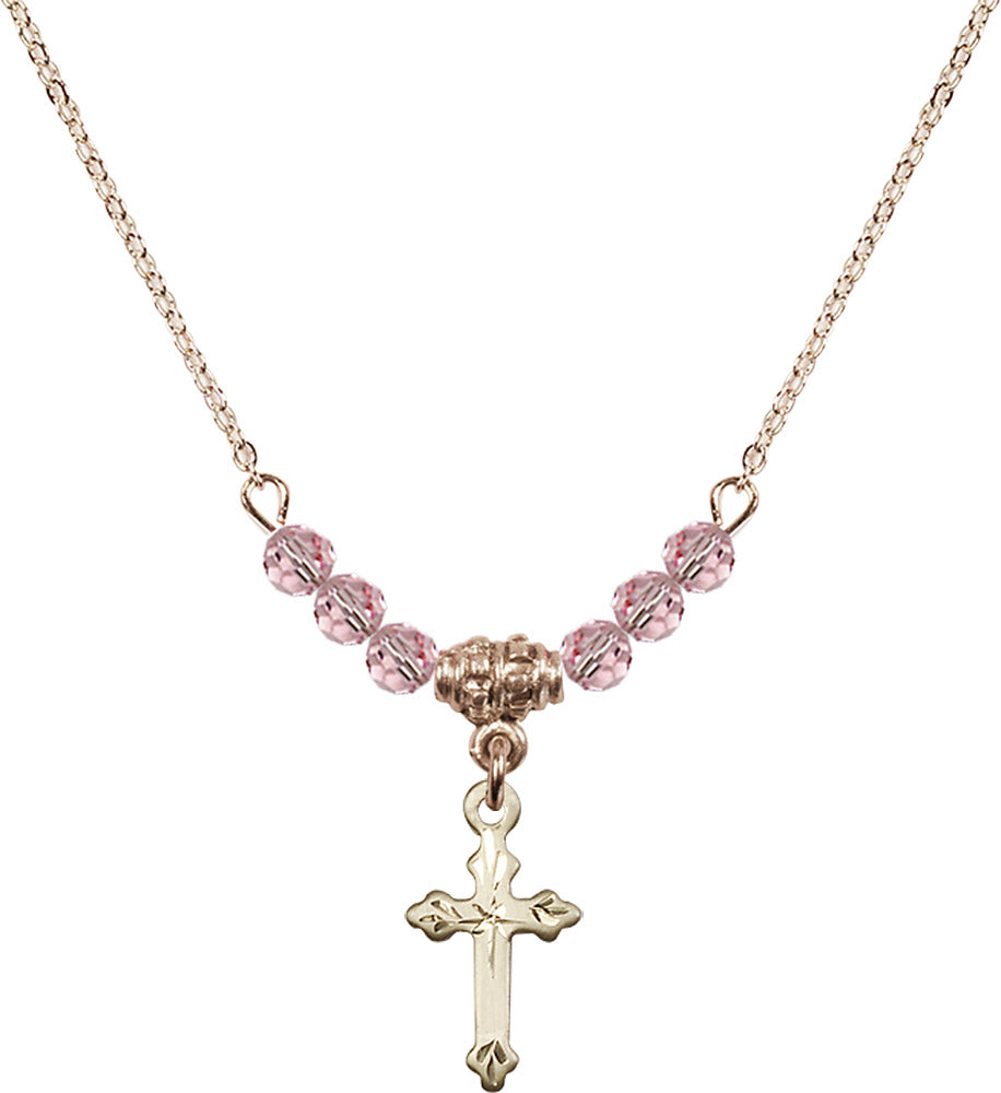 14kt Gold Filled Cross Birthstone Necklace with Light Rose Beads - 2531
