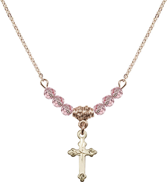 14kt Gold Filled Cross Birthstone Necklace with Light Rose Beads - 2531